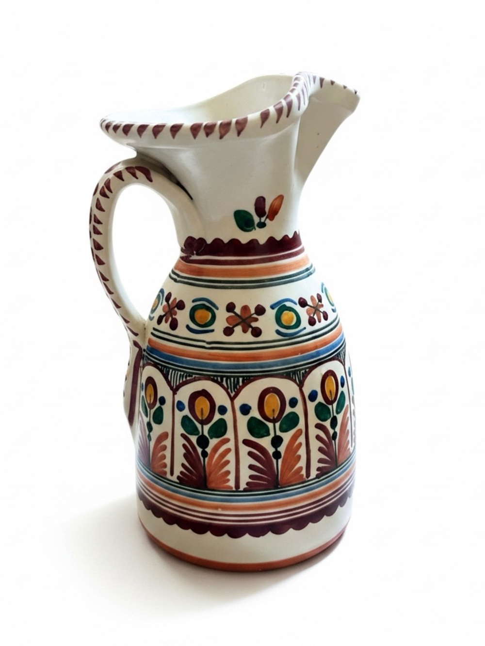 Vintage Spanish Sanguino Toledo Hand-Painted Floral Ceramic Multicolor Pitcher